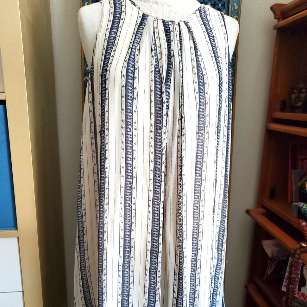 Silk Chiffon Cream Navy Sleeveless Loose Fit Mini Dress Womens Size S/M